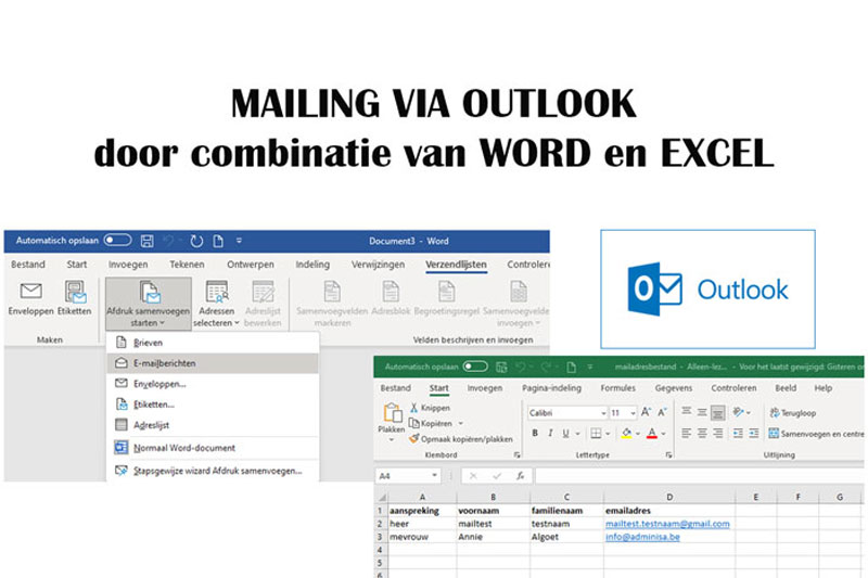 Mailing met outlook door samenvoeging word en excel.