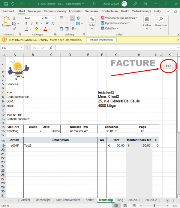 Factuur Excel print pdf nr en naam