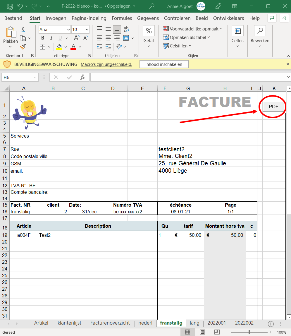 Factuur in Excel en print PDF
