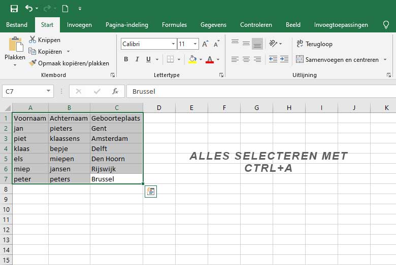 Excel alles selecteren met CTRL A